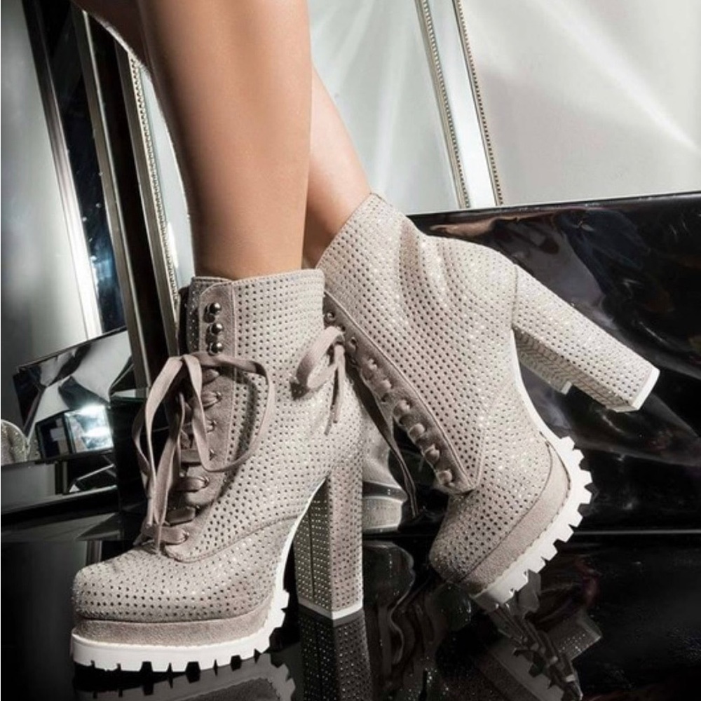 Studded Lace Up Chunky Heel Bootie